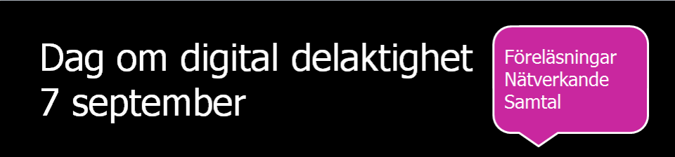 Toppbild evenemang, pratbubbla i rosa på svart botten, text